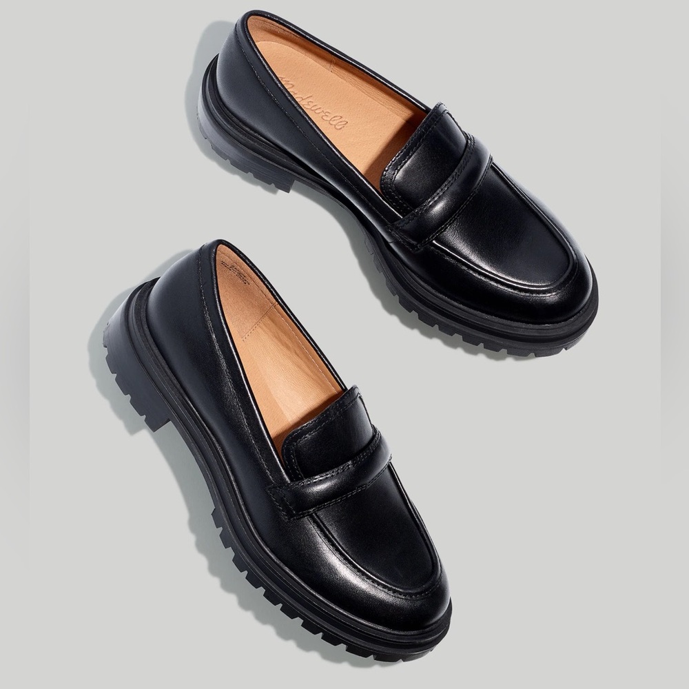 Madewell Black Leather Lug Sole Penny Loafers